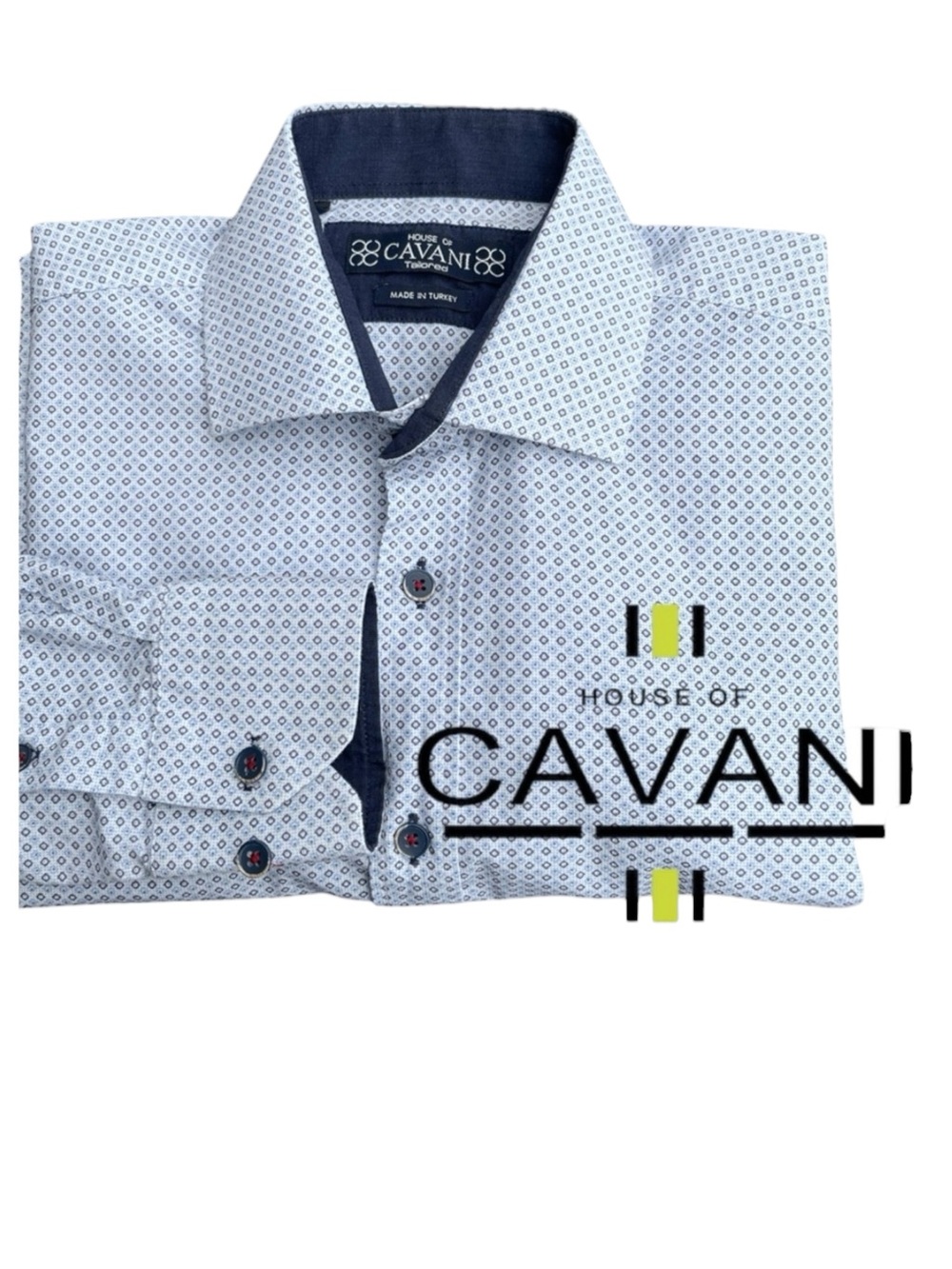 House of Cavani White/Blue/Grey Print Cotton Tailored Fit Dress Shirt (S)